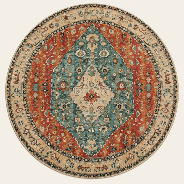 Covaba boho vintage tribal round rug in burnt rust, shown flat on a plain ivory backdrop