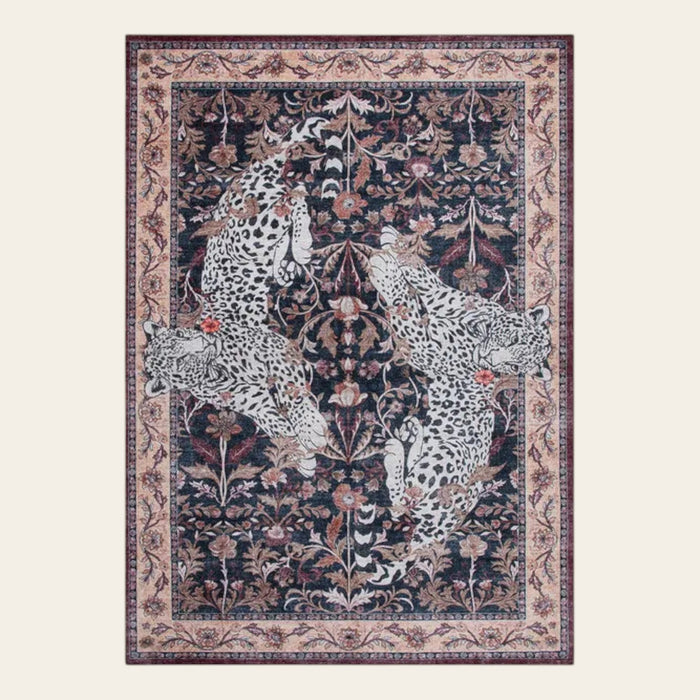 Covaba vintage leopard area rug in coffee brown, shown flat on a plain ivory backdrop