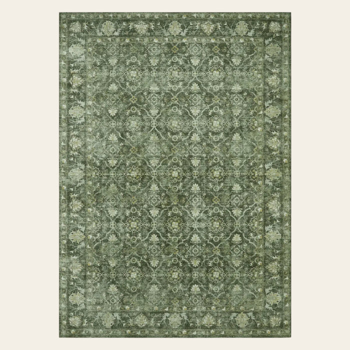 Covaba vintage persian distressed area rug in fern green, shown flat on a plain ivory backdrop