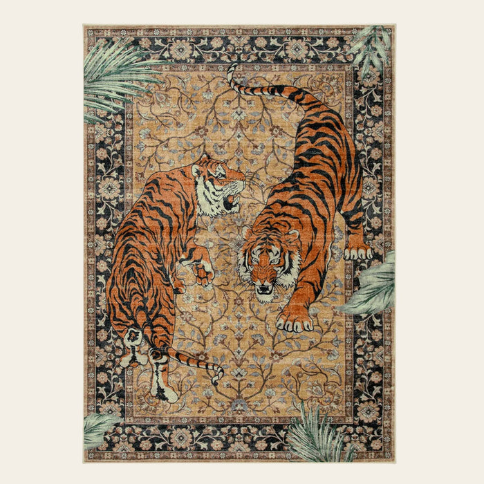 Covaba wild tiger desert area rug in golden wheat, shown flat on a plain ivory backdrop