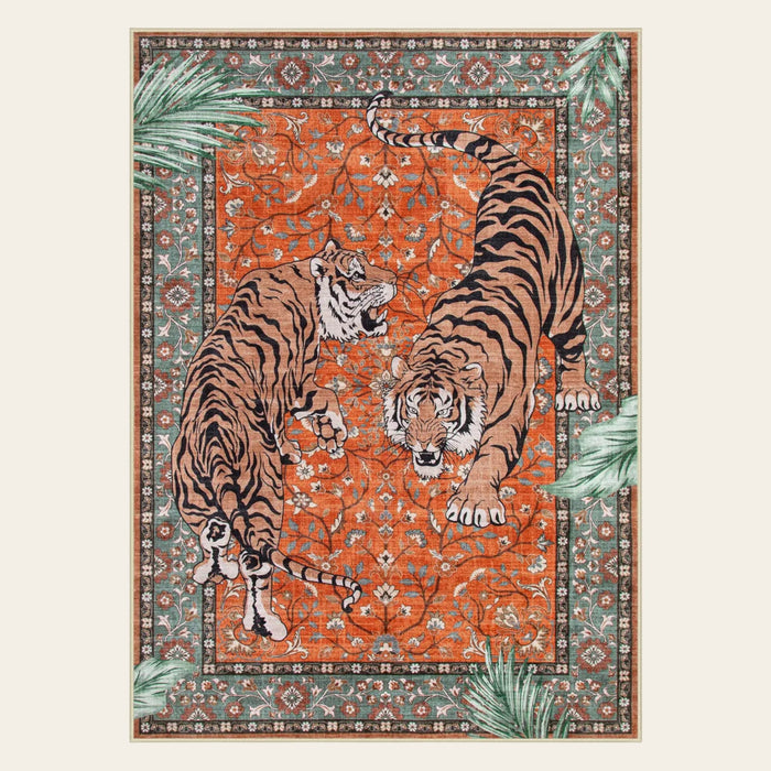 Covaba wild tiger area rug in burnt rust, shown flat on a plain ivory backdrop