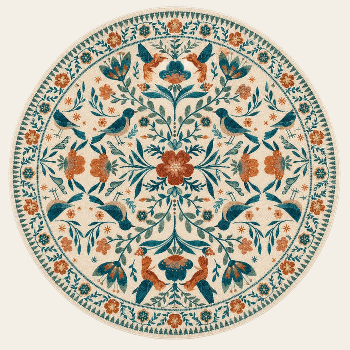 Covaba boho birdsong floral garden round rug in warm beige, shown flat on a plain ivory backdrop
