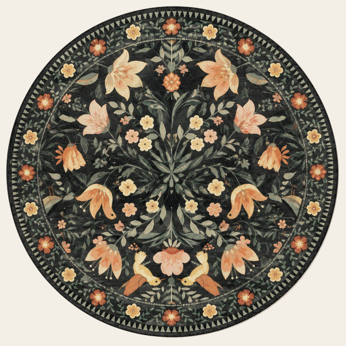 Covaba boho birdsong floral garden round rug in ink black, shown flat on a plain ivory backdrop