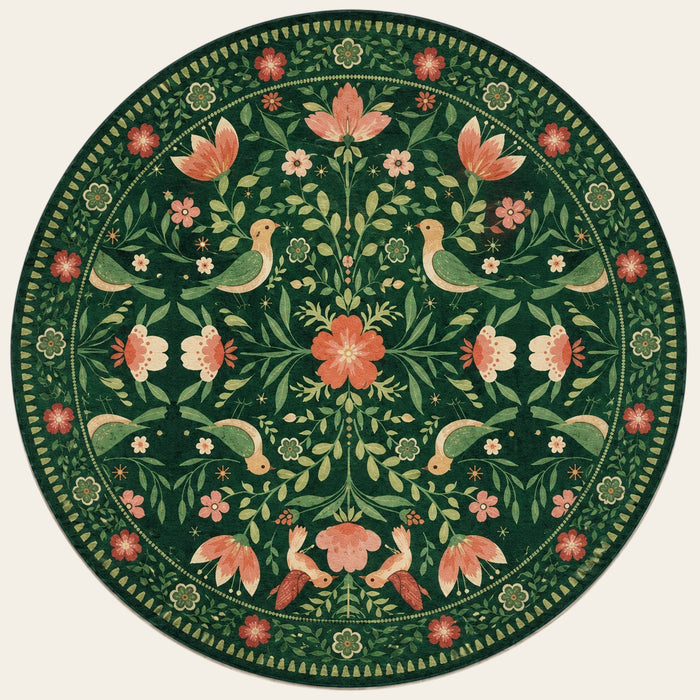 Covaba boho birdsong floral garden round rug in fern green, shown flat on a plain ivory backdrop