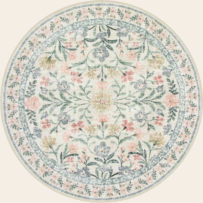 Covaba boho modern parisian garden floral round rug in warm beige, shown flat on a plain ivory backdrop