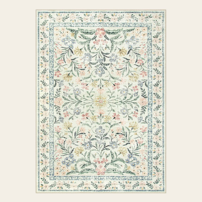 Covaba boho modern parisian garden floral area rug in warm beige, shown flat on a plain ivory backdrop