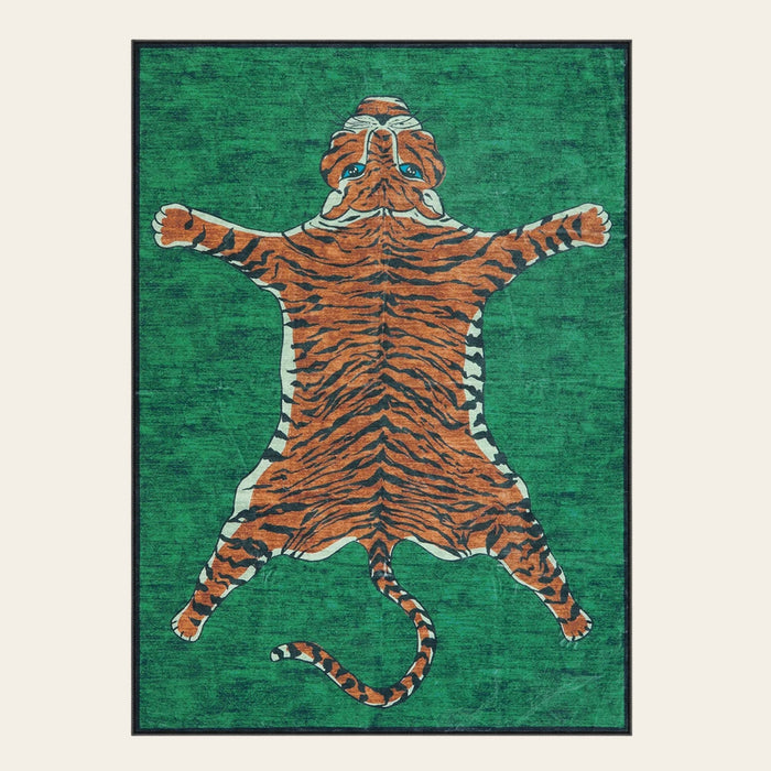 Covaba aesthetic tiger area rug in fern green, shown flat on a plain ivory backdrop