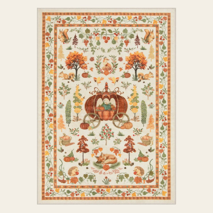 Covaba halloween pumpkin area rug in golden wheat, shown flat on a plain ivory backdrop