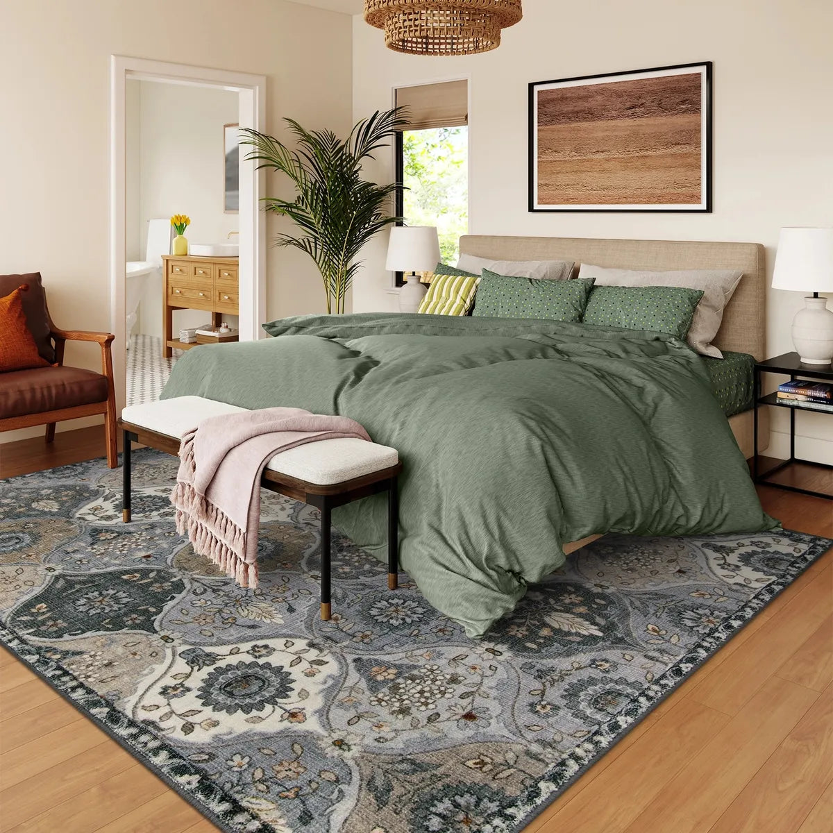 Covaba ultra-thin vintage floral moroccan trellis area rug in pearl grey, styled in a room setting