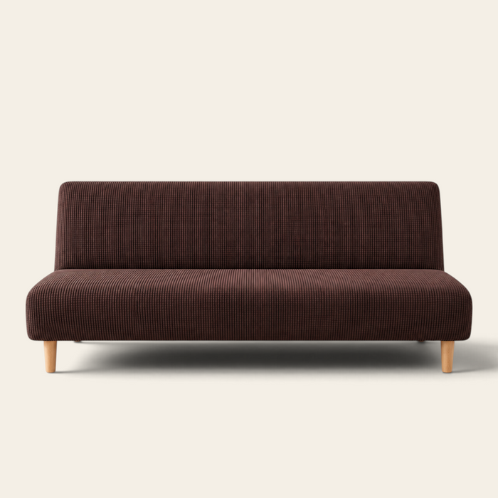 Espresso sofa bed cover in smooth stretch knit, packshot on ivory background