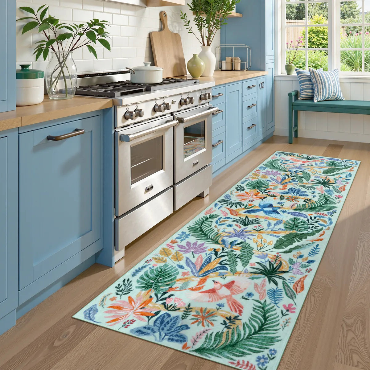 Covaba modern tropical bird runner rug in fern green, styled in a room setting