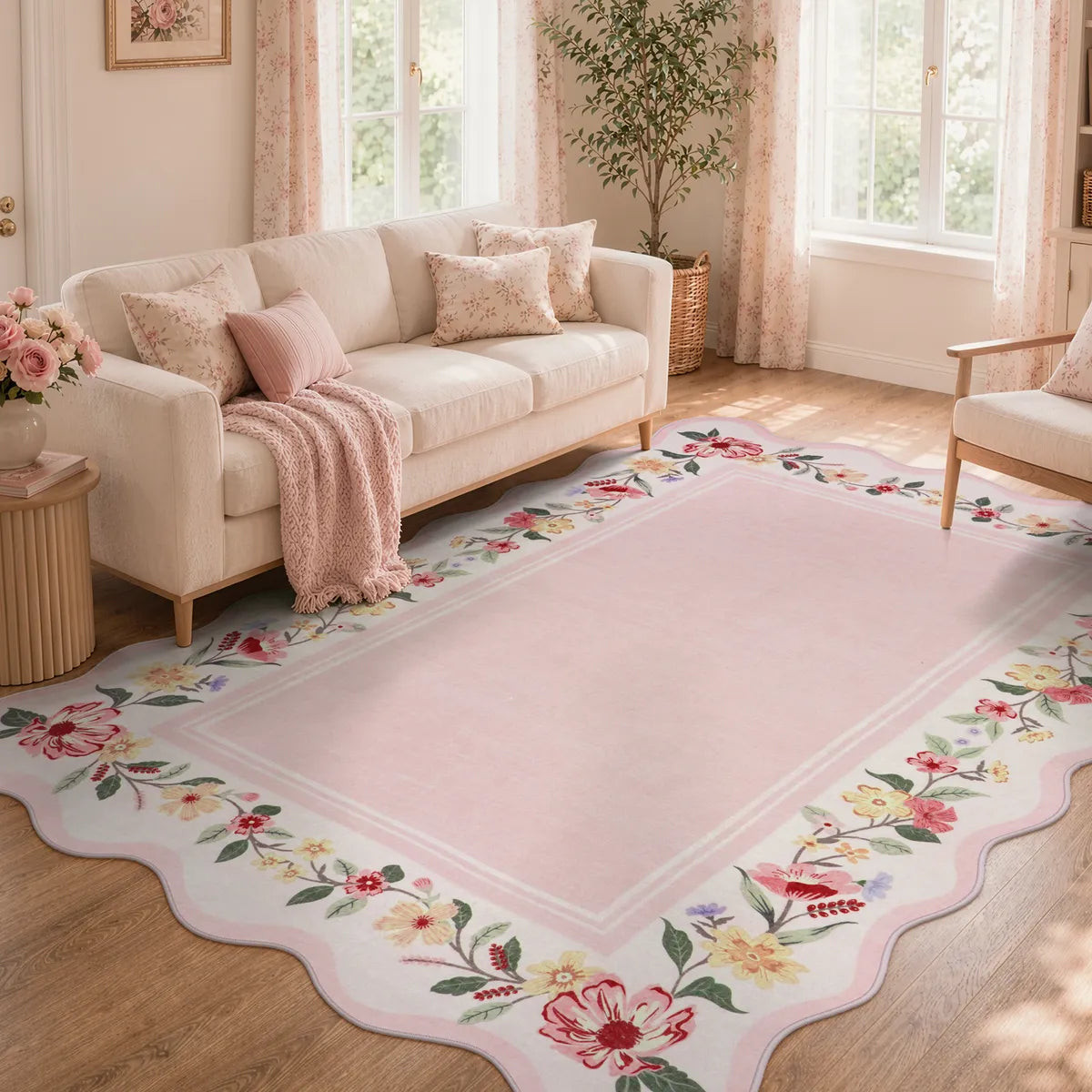 Covaba vintage floral scalloped area rug in blush clay, styled in a room setting