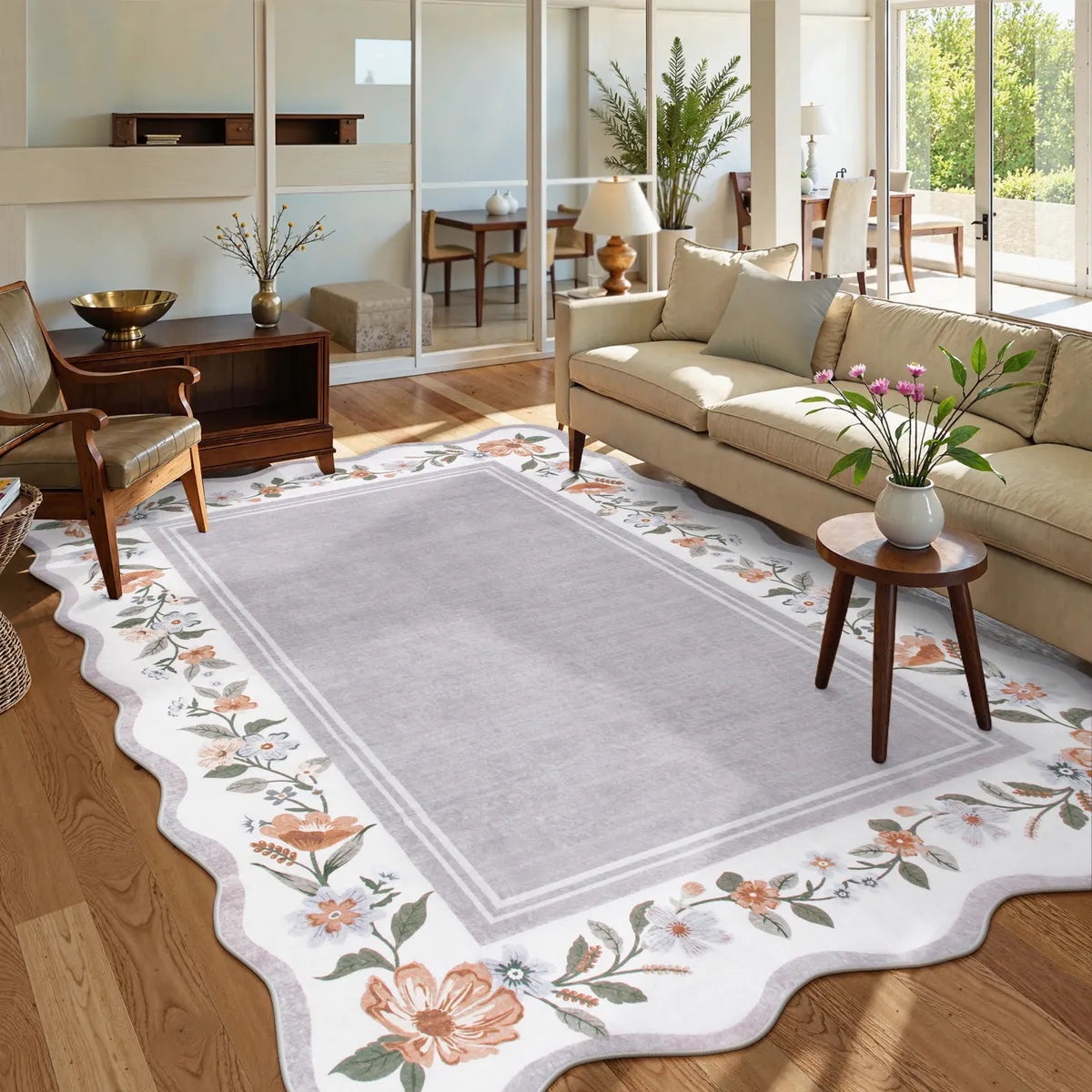 Covaba vintage floral scalloped area rug in muted plum, styled in a room setting