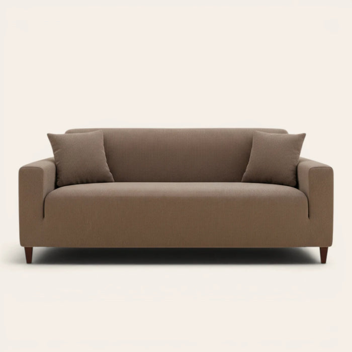 Mocha brown corduroy sofa cover fitted on a three seater sofa, front view on ivory