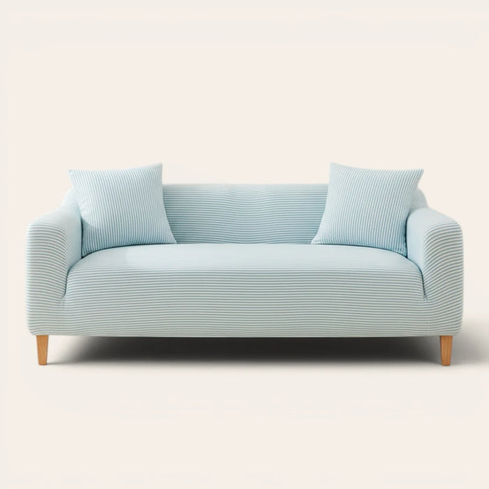 Light blue striped ice silk sofa cover on a three-seater, front view on ivory backdrop with matching cushions
