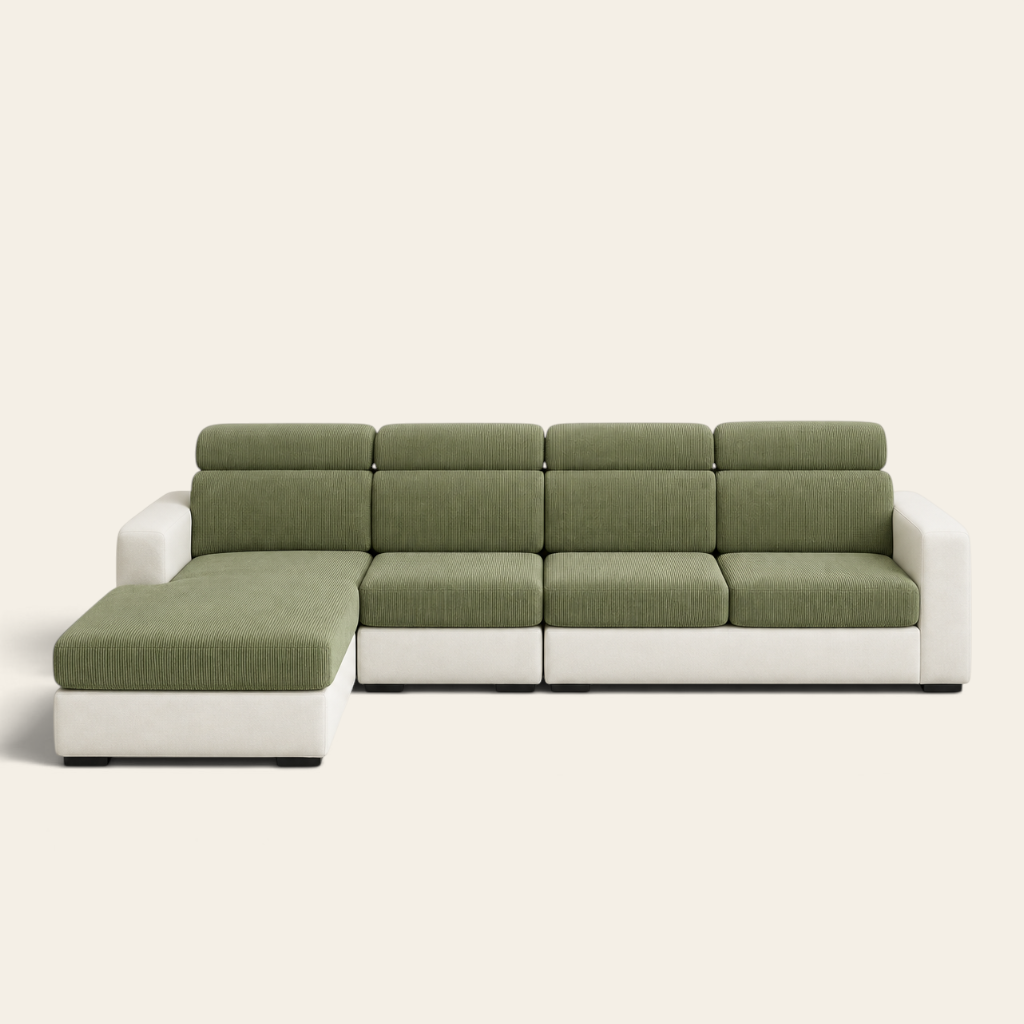 Olive green corduroy sofa cushion covers shown on a sectional against a plain ivory backdrop