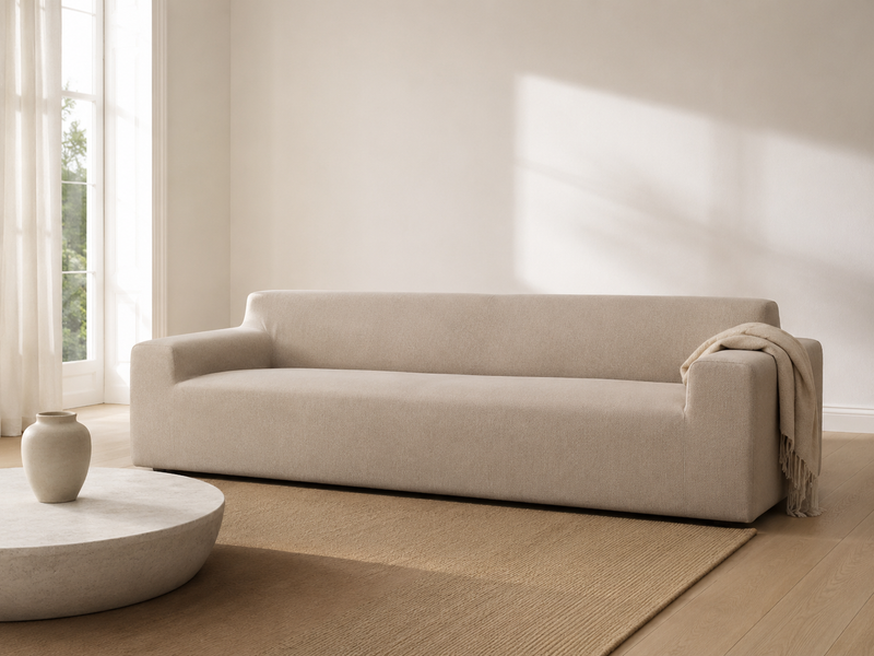 Covaba beige stretch sofa cover on a 3-seater straight sofa in a calm Scandinavian living room