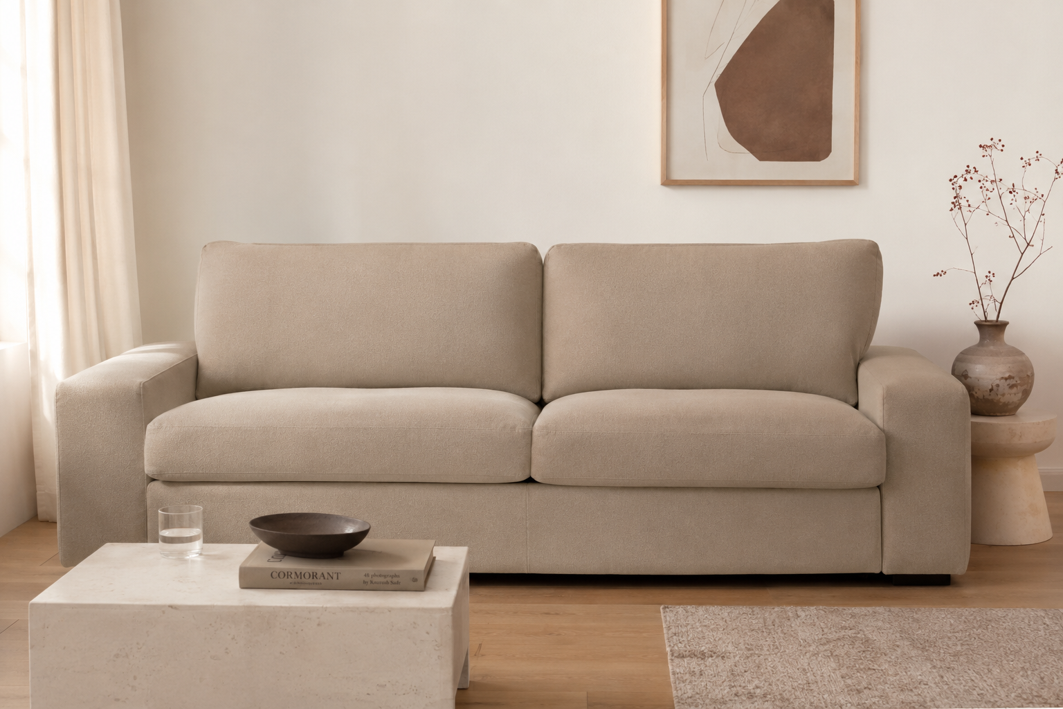 Covaba beige stretch cover fitted on a 3-seater IKEA Kivik sofa in a calm Scandinavian living room