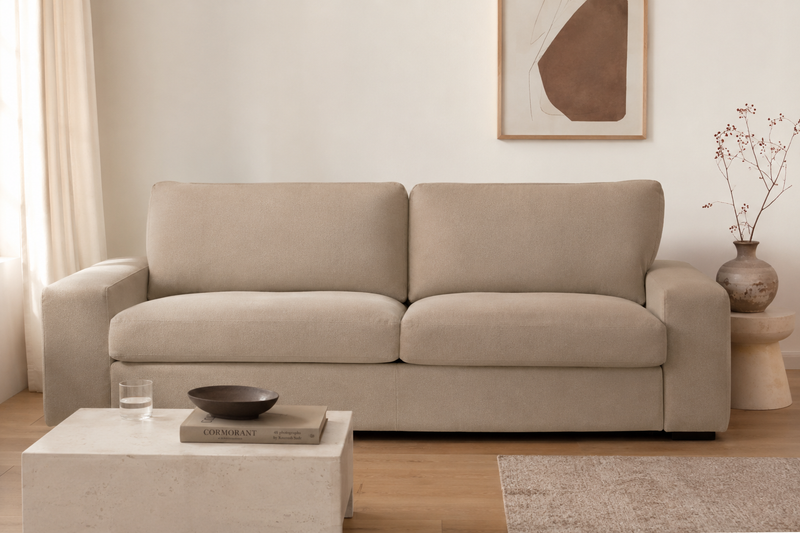 Covaba beige stretch cover fitted on a 3-seater IKEA Kivik sofa in a calm Scandinavian living room