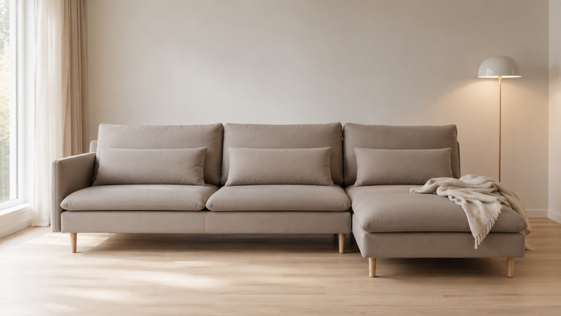 Covaba 4-seat IKEA Soderhamn modular sofa with chaise fitted in a soft greige stretch cover in a calm Scandinavian living room