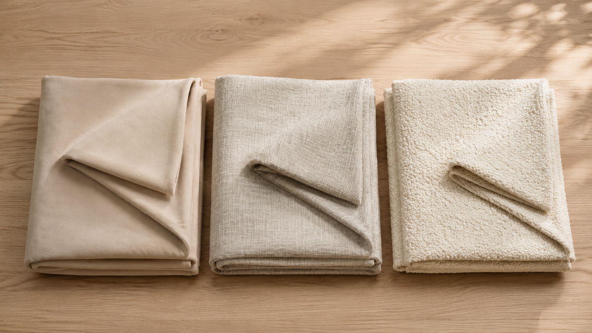 Covaba three folded sofa covers stacked side by side: soft-touch microfibre, linen-look weave, and boucle-style on an oak surface