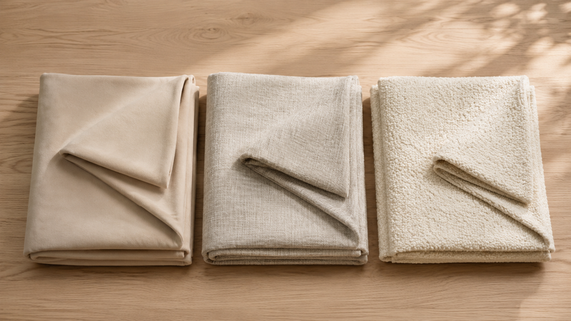 Covaba three folded sofa covers stacked side by side: soft-touch microfibre, linen-look weave, and boucle-style on an oak surface