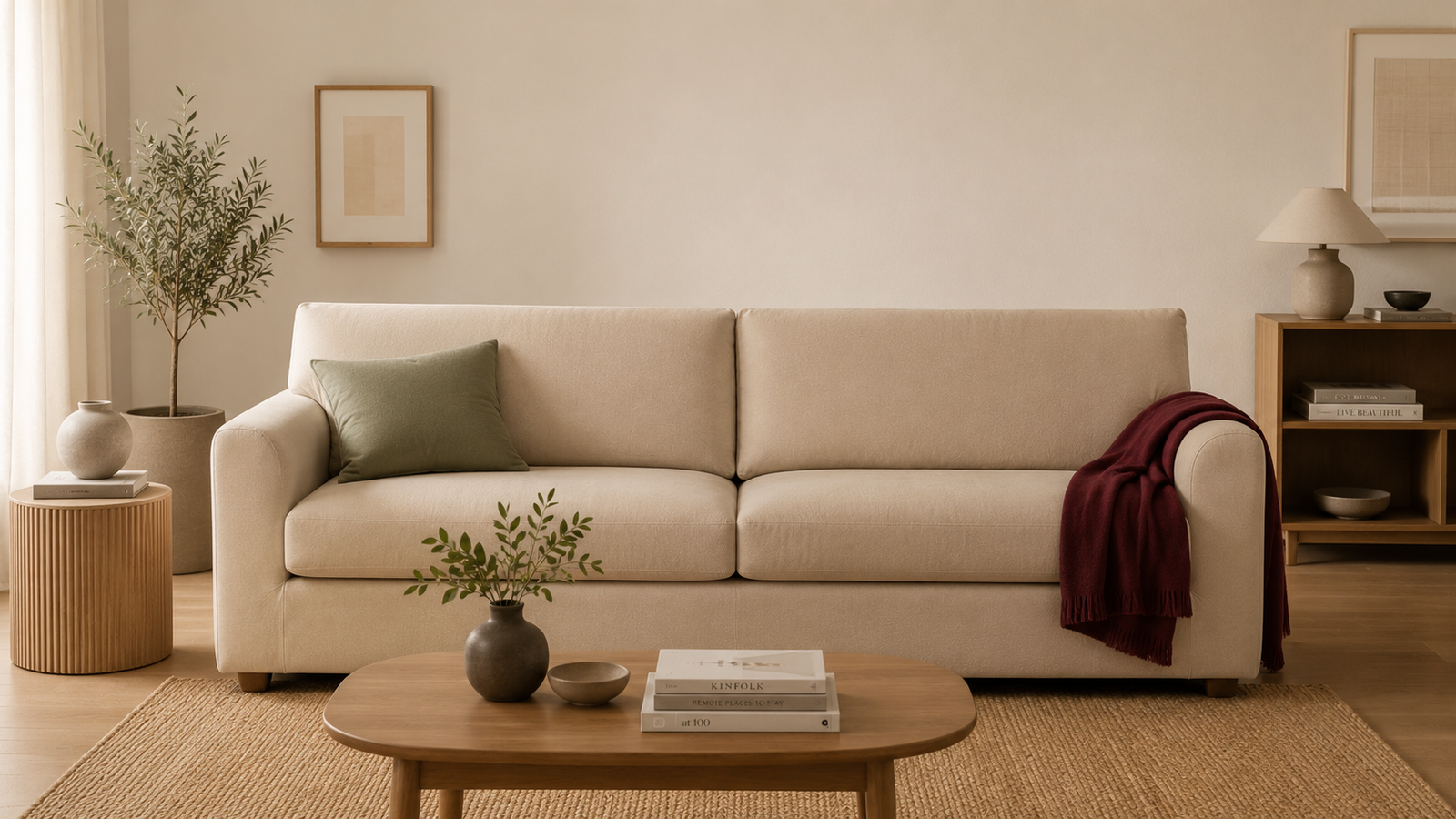 Covaba calm living room in warm neutrals with ivory walls, oak floor, beige sofa cover, sage cushion accent and a bordeaux throw