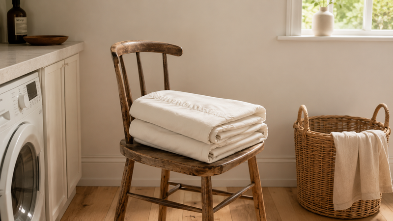 Covaba folded ivory sofa cover resting on a wooden chair in a calm laundry room with soft daylight