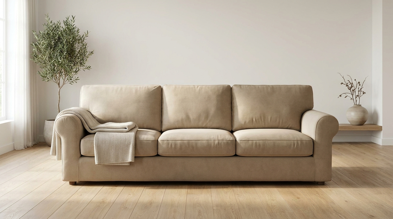 A calm modern living room with a straight sofa dressed in a plain microfibre stretch cover in a warm neutral tone.
