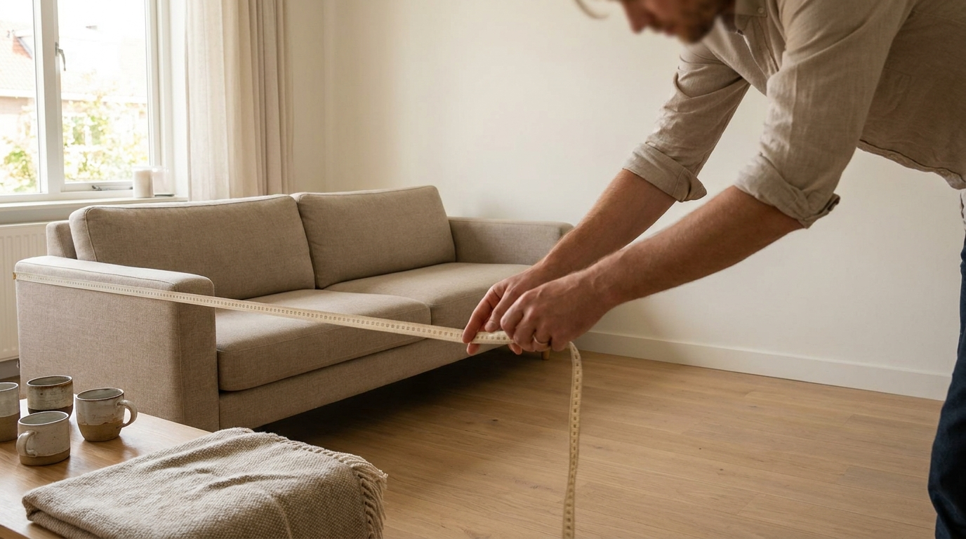 A soft tape measure laid across the back of a sofa, illustrating how to measure a sofa for a cover.