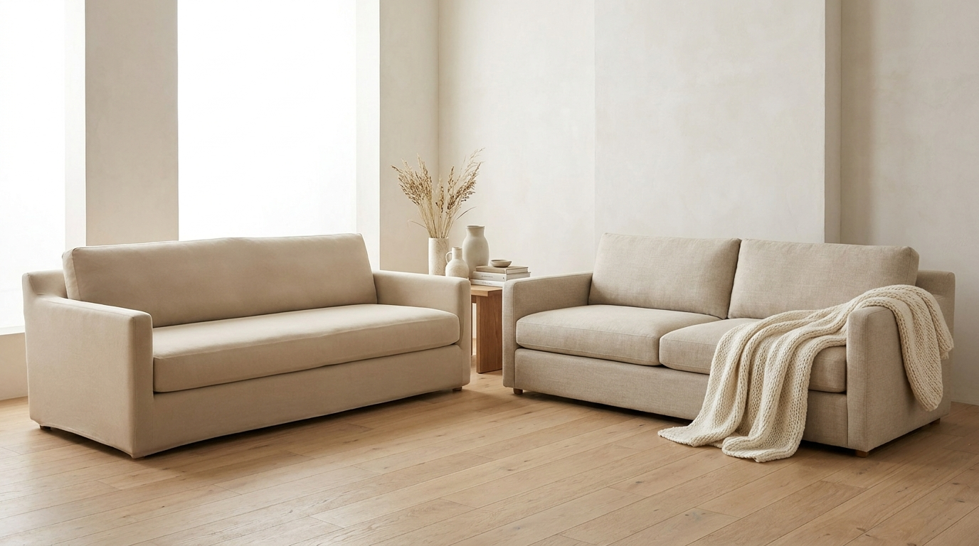 A stretch-covered sofa beside a sofa dressed with a draped throw, comparing two ways to protect a sofa.