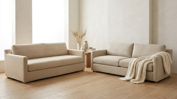 A stretch-covered sofa beside a sofa dressed with a draped throw, comparing two ways to protect a sofa.