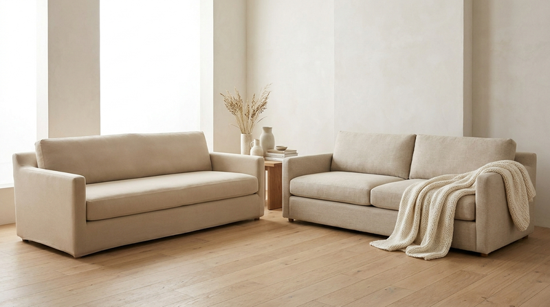 A stretch-covered sofa beside a sofa dressed with a draped throw, comparing two ways to protect a sofa.