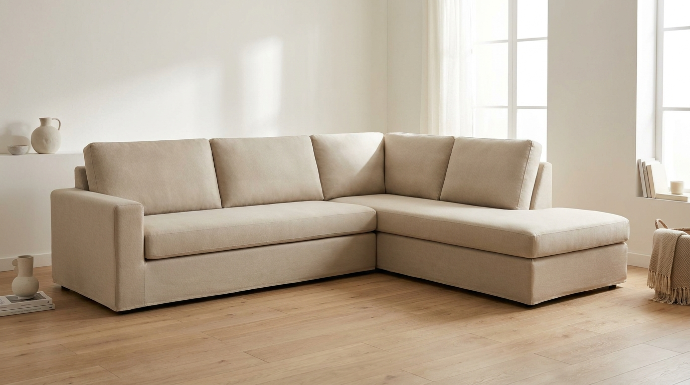An L-shape corner sofa dressed in a tailored stretch cover, fitted section by section.