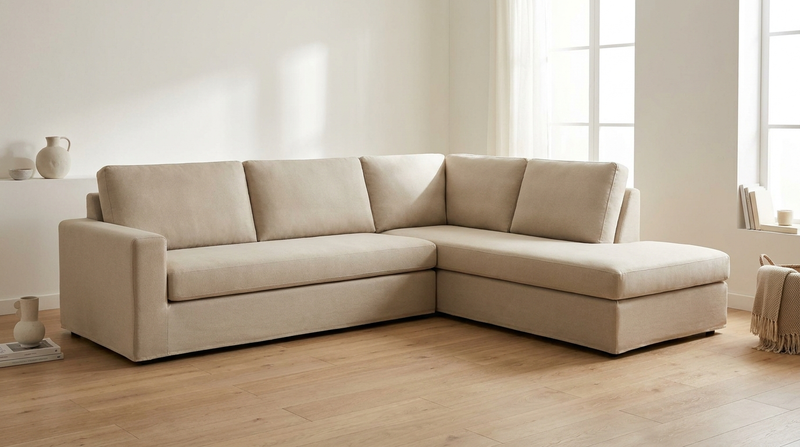 An L-shape corner sofa dressed in a tailored stretch cover, fitted section by section.