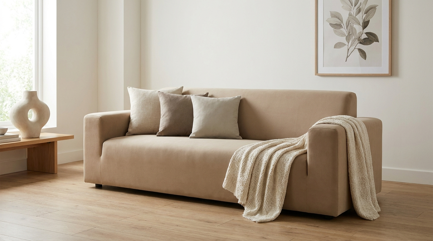 A modern living room with a sofa in a warm-neutral cover, styled with a single throw and tonal cushions.