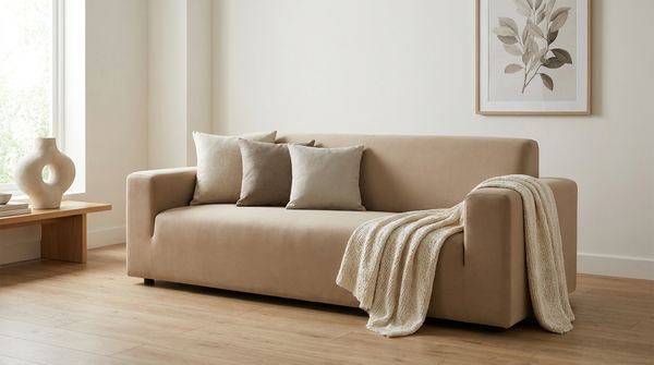 A modern living room with a sofa in a warm-neutral cover, styled with a single throw and tonal cushions.