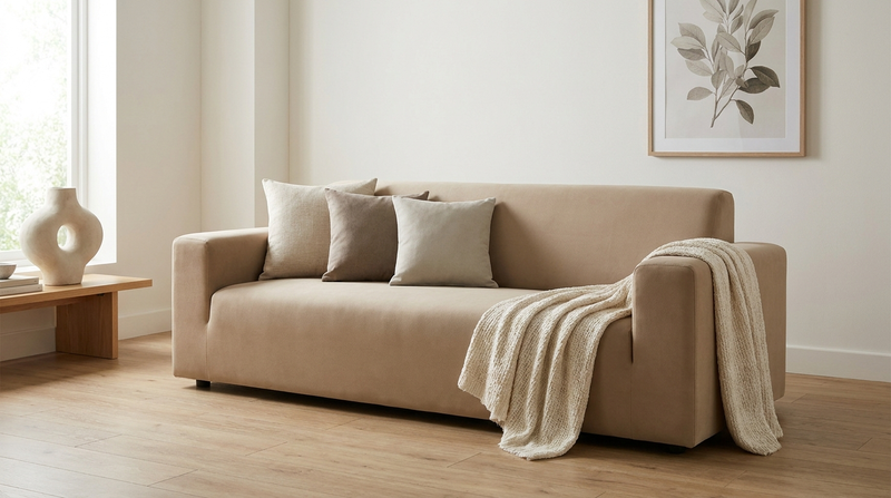 A modern living room with a sofa in a warm-neutral cover, styled with a single throw and tonal cushions.