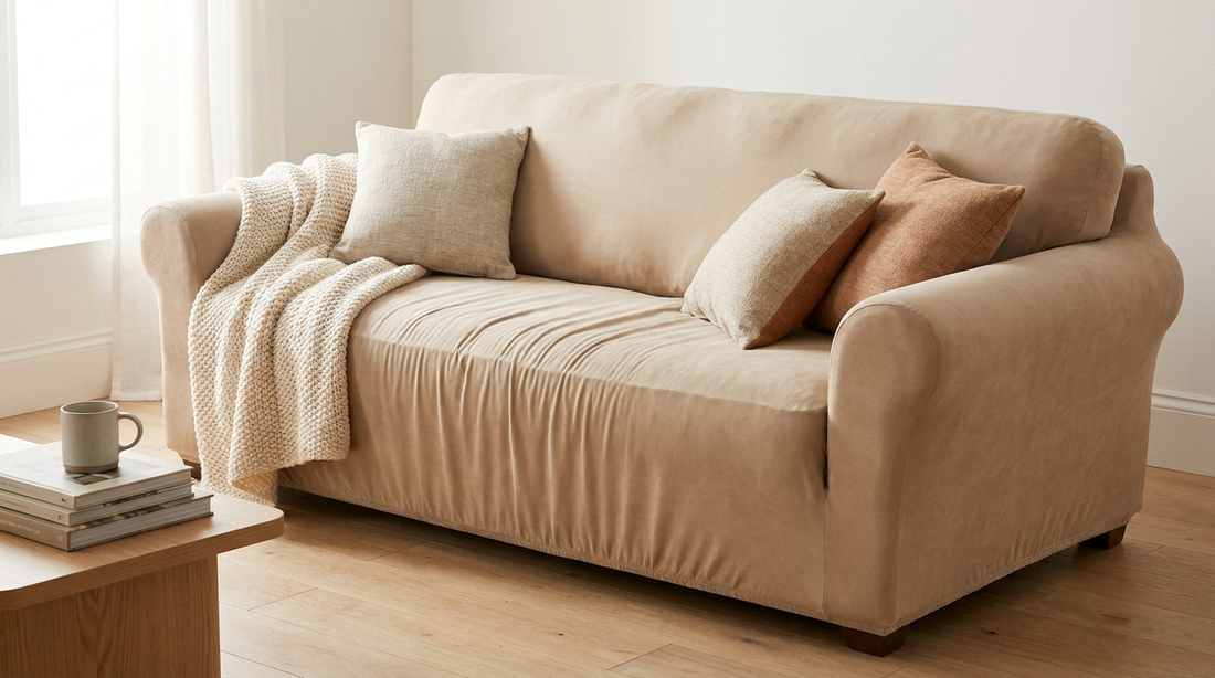 A tired sofa refreshed with a fresh stretch cover, revived cushions and a re-layered living room.