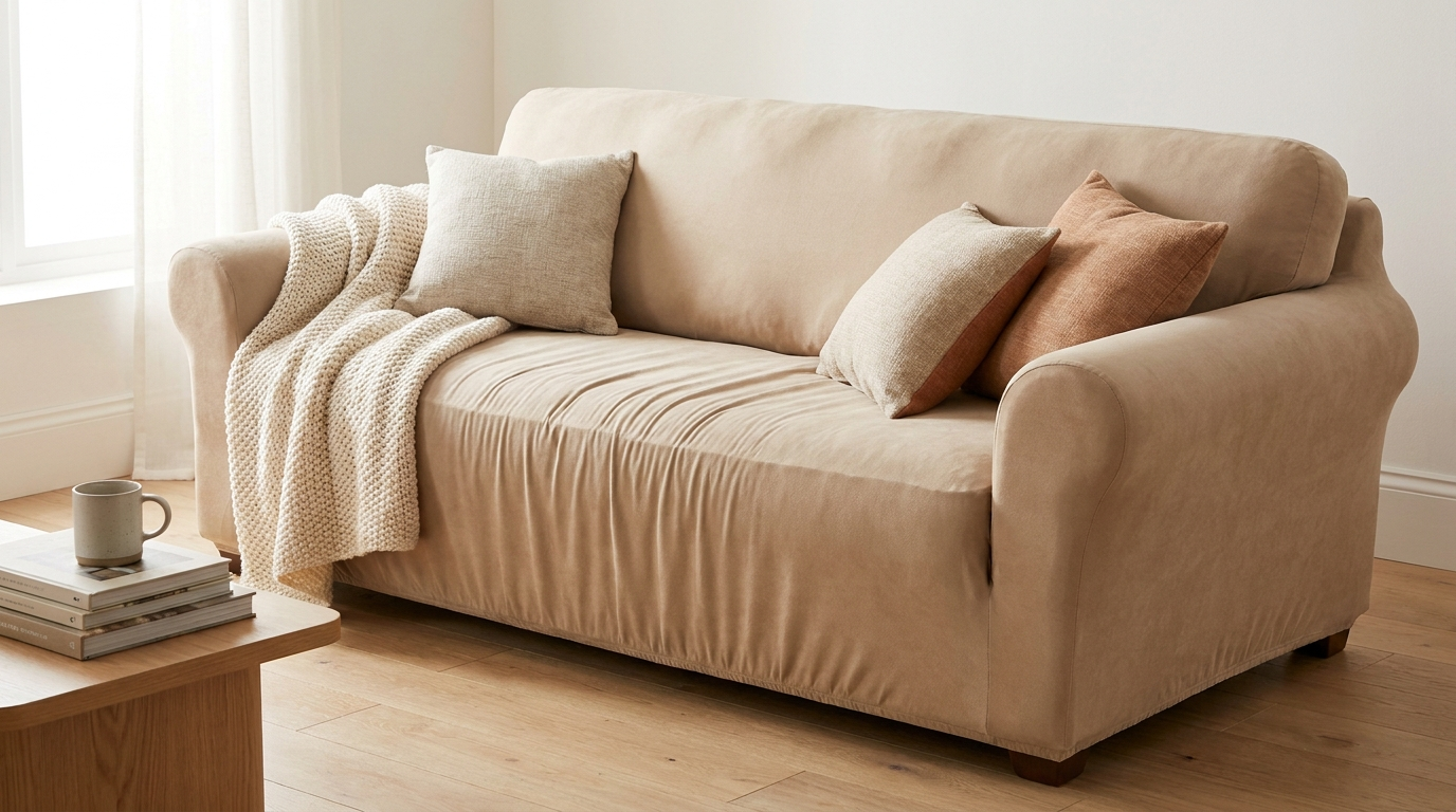 A tired sofa refreshed with a fresh stretch cover, revived cushions and a re-layered living room.