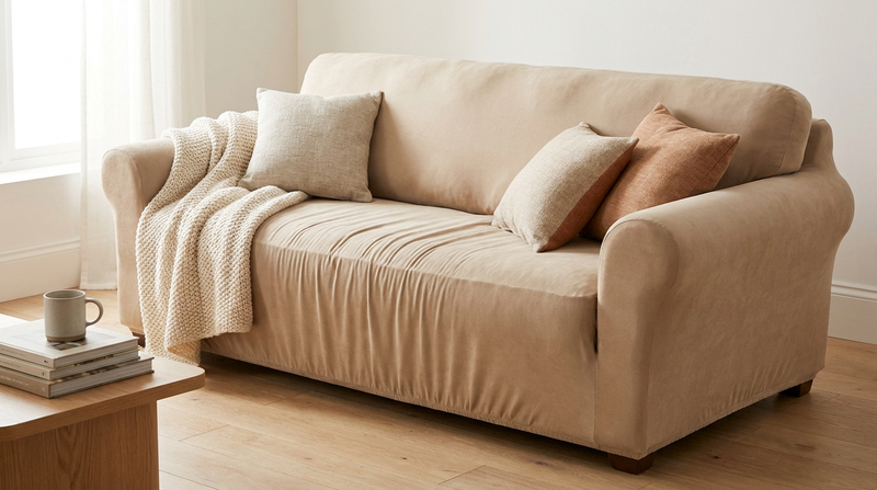 A tired sofa refreshed with a fresh stretch cover, revived cushions and a re-layered living room.