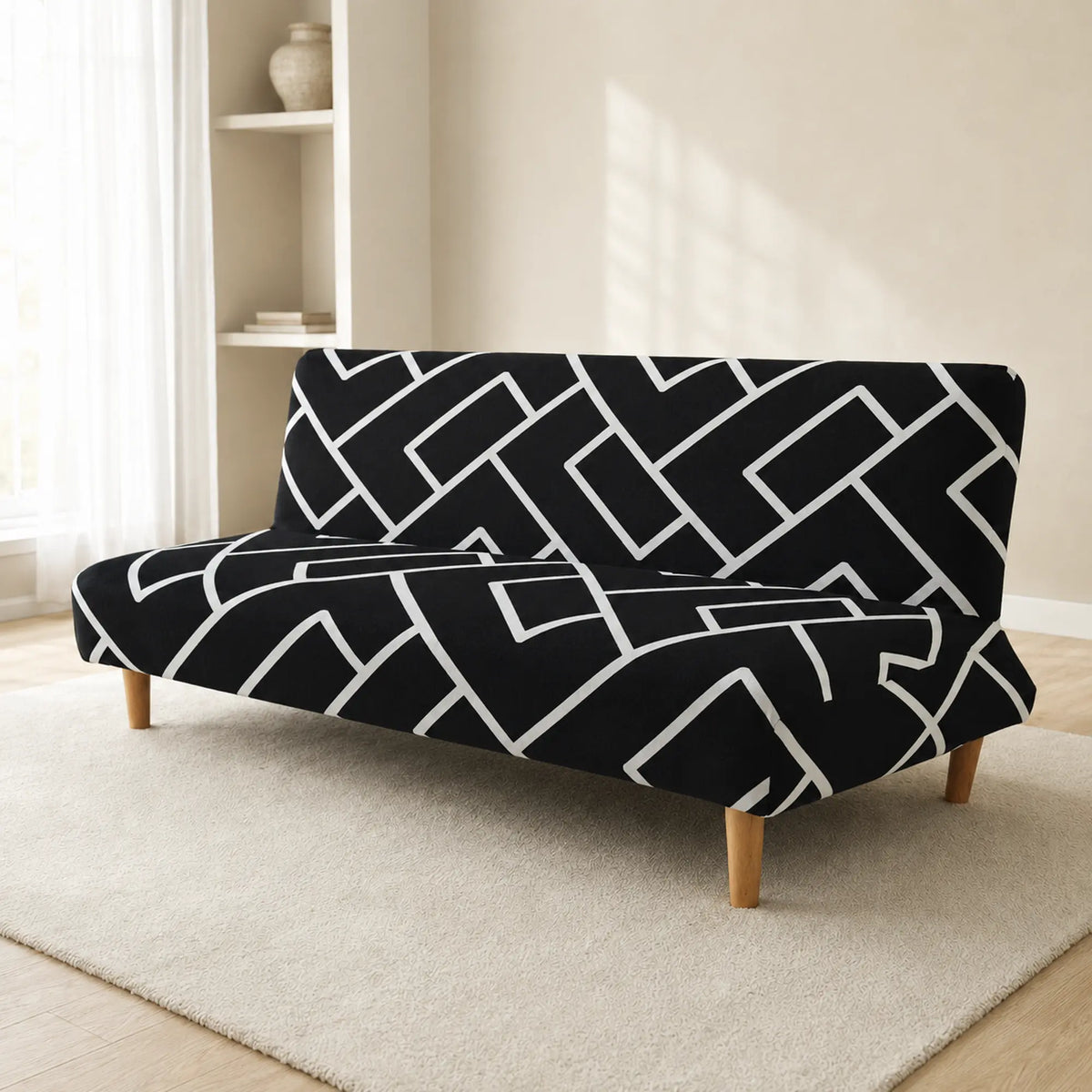 Sofa Bed Cover – Trellis Geometric – Black & Ivory