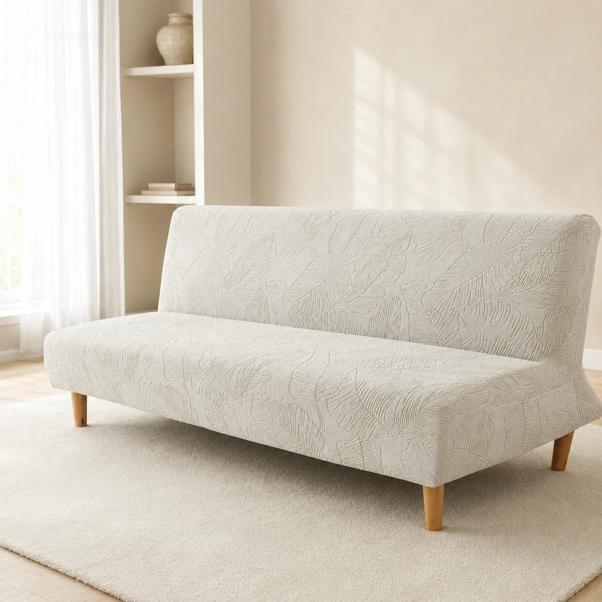 Sofa Bed Cover – Leaf Jacquard – Soft White