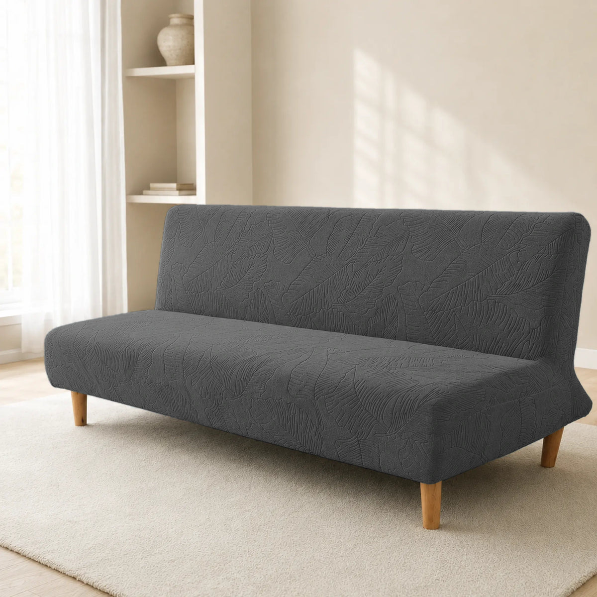 Sofa Bed Cover – Leaf Jacquard – Charcoal Grey
