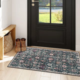 Covaba ultra-thin vintage floral moroccan trellis doormat in ink black, styled in a room setting, view 8