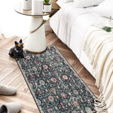 Covaba ultra-thin vintage floral moroccan trellis runner rug in ink black, styled in a room setting, view 5