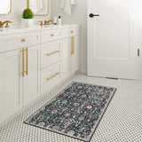 Covaba ultra-thin vintage floral moroccan trellis doormat in ink black, styled in a room setting, view 7