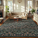 Covaba maximalism vibrant blossom floral area rug in ink black, styled in a room setting, view 10