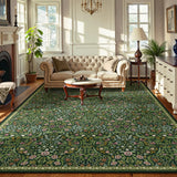 Covaba maximalism vibrant blossom floral - size deal area rug in forest fern, styled in a room setting, view 5