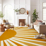 Covaba boho rainbow sunshine area rug in amber clay, styled in a room setting, view 3